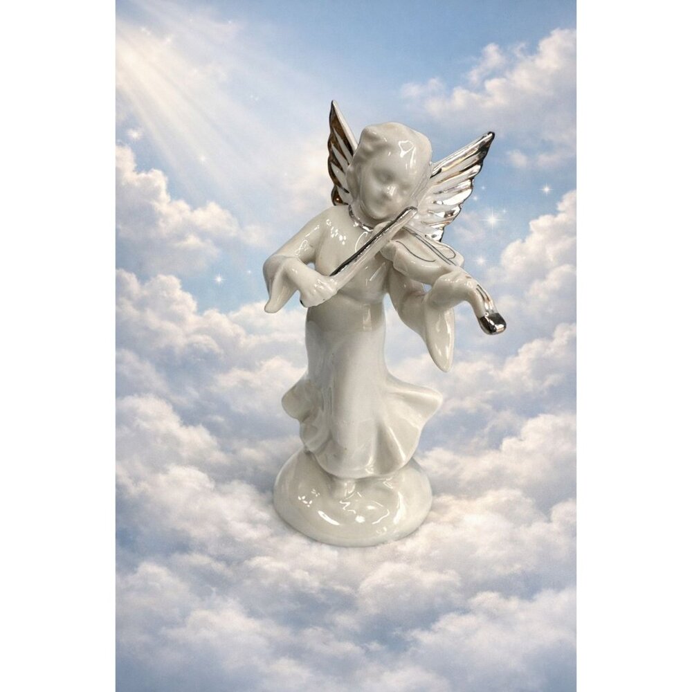 German Dresden Heavenly Band Porcelain Angel Violin Figurine Platinum Trim 5"